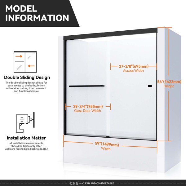 CKB 56'' - 60'' W x 56'' H Double Sliding Semi-Frameless Tub Door